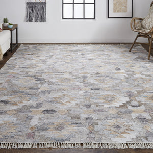 4' X 6' Taupe Gray And Blue Geometric Hand Woven Stain Resistant Area Rug With Fringe