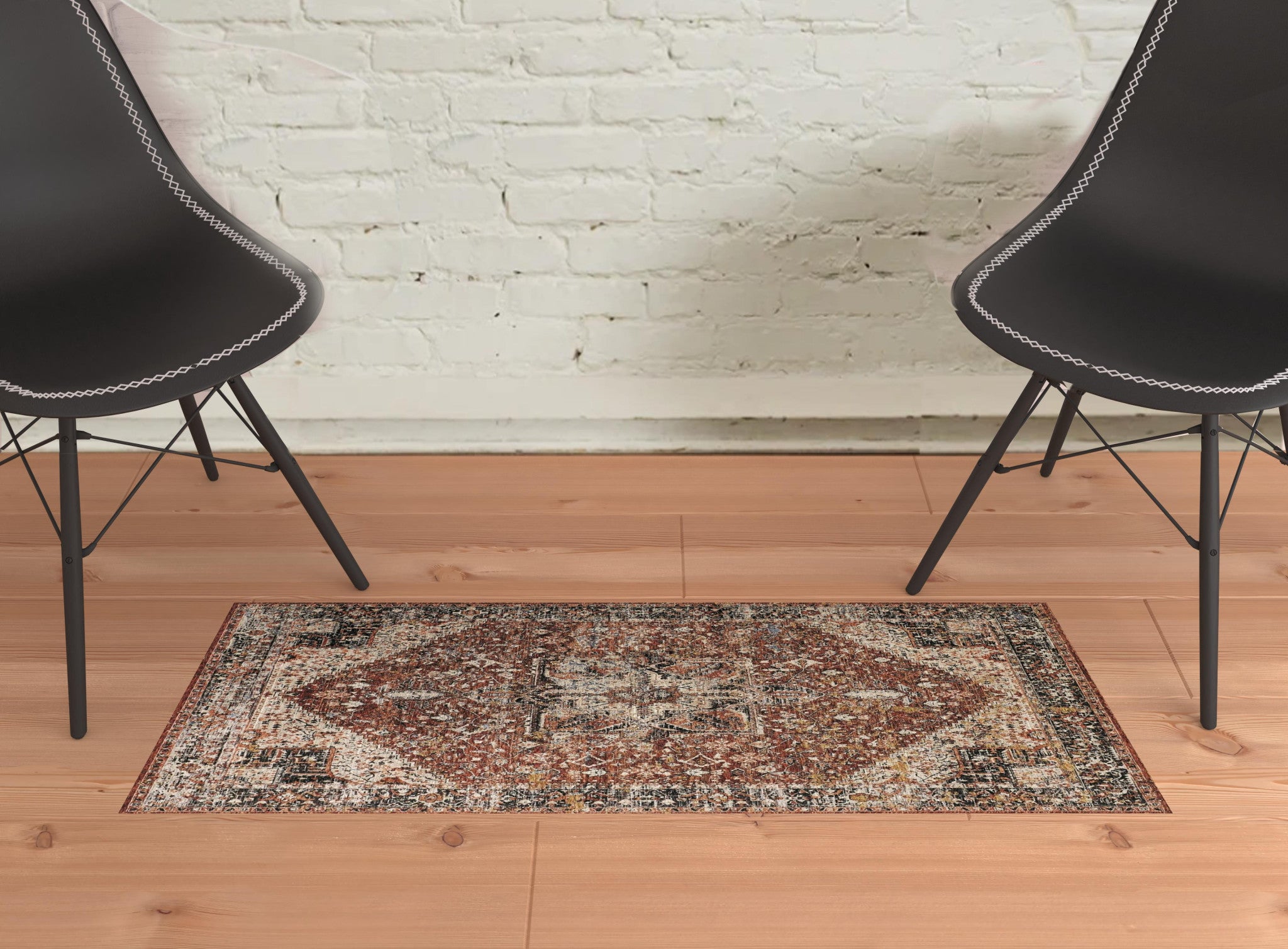 2' X 3' Red Ivory And Black Abstract Distressed Area Rug With Fringe