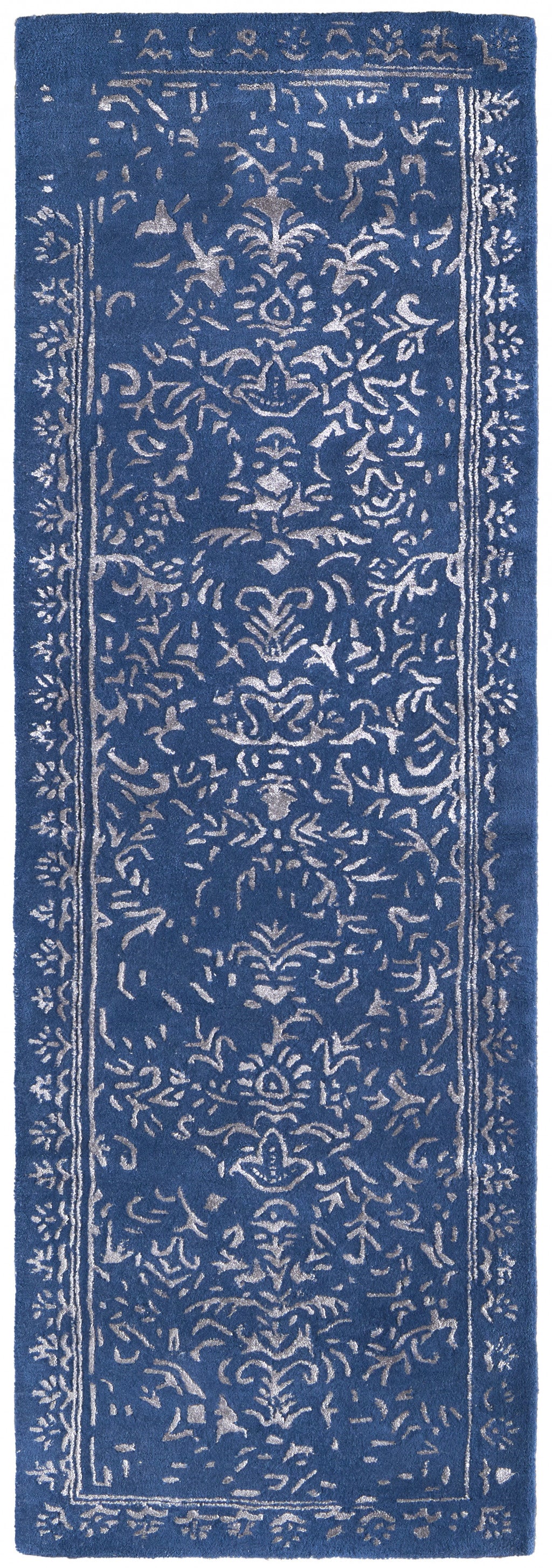 Blue And Silver Wool Floral Tufted Handmade Distressed Area Rug - 5' x 8'