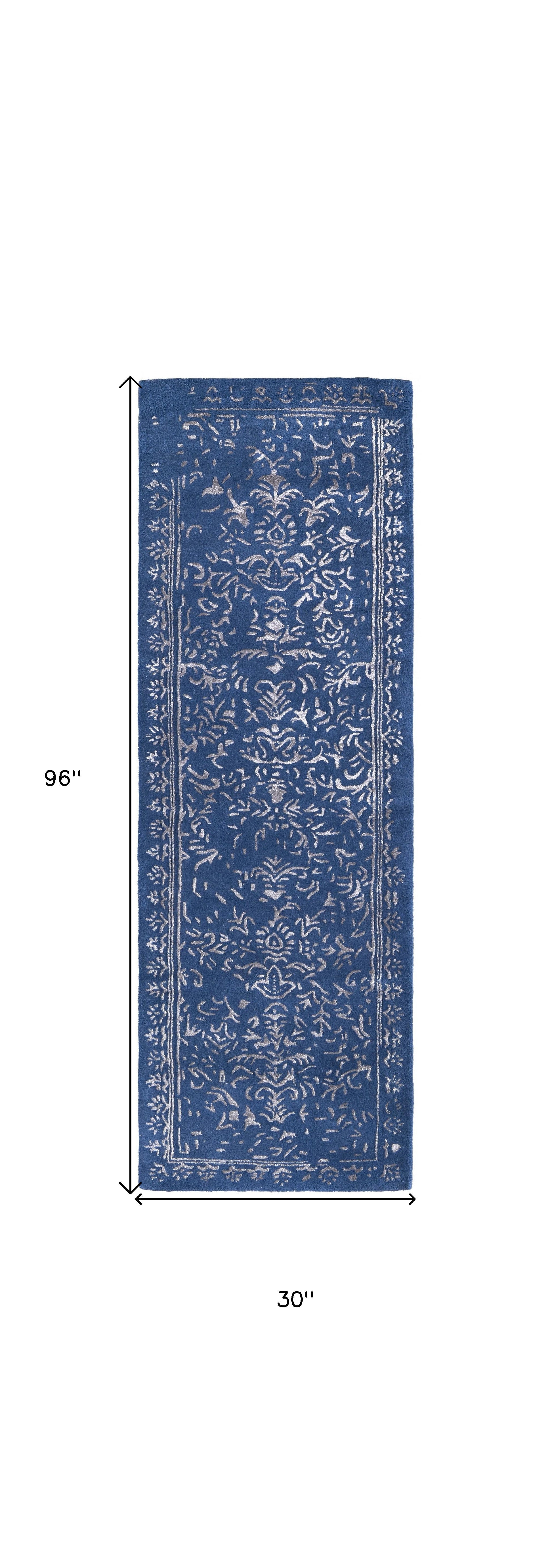 Blue And Silver Wool Floral Tufted Handmade Distressed Area Rug - 5' x 8'