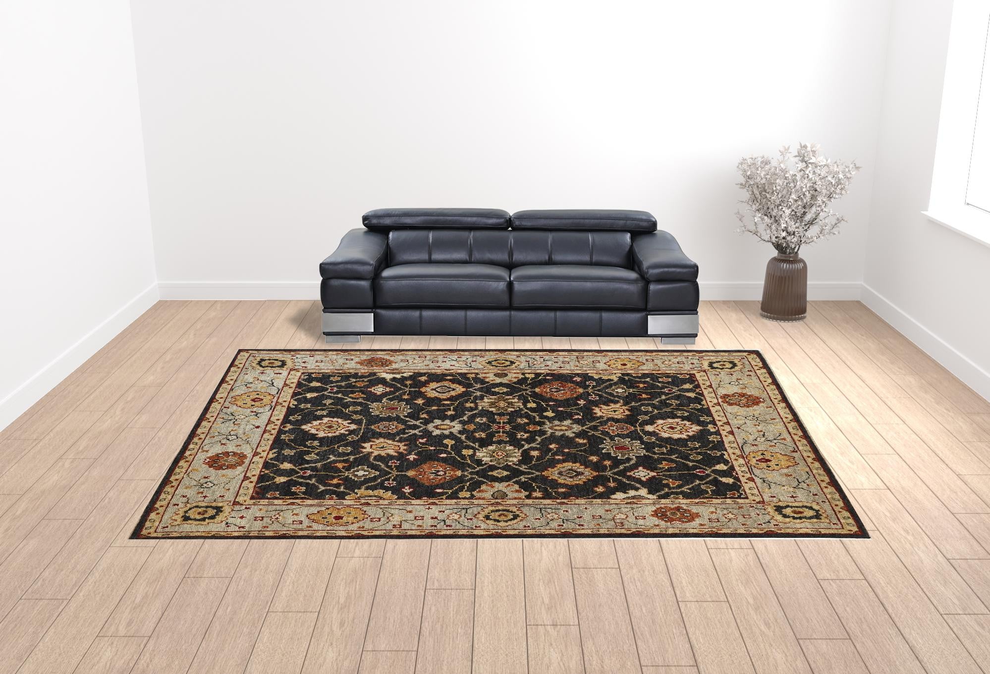 4' X 6' Black Gold And Gray Wool Floral Hand Knotted Stain Resistant Area Rug With Fringe
