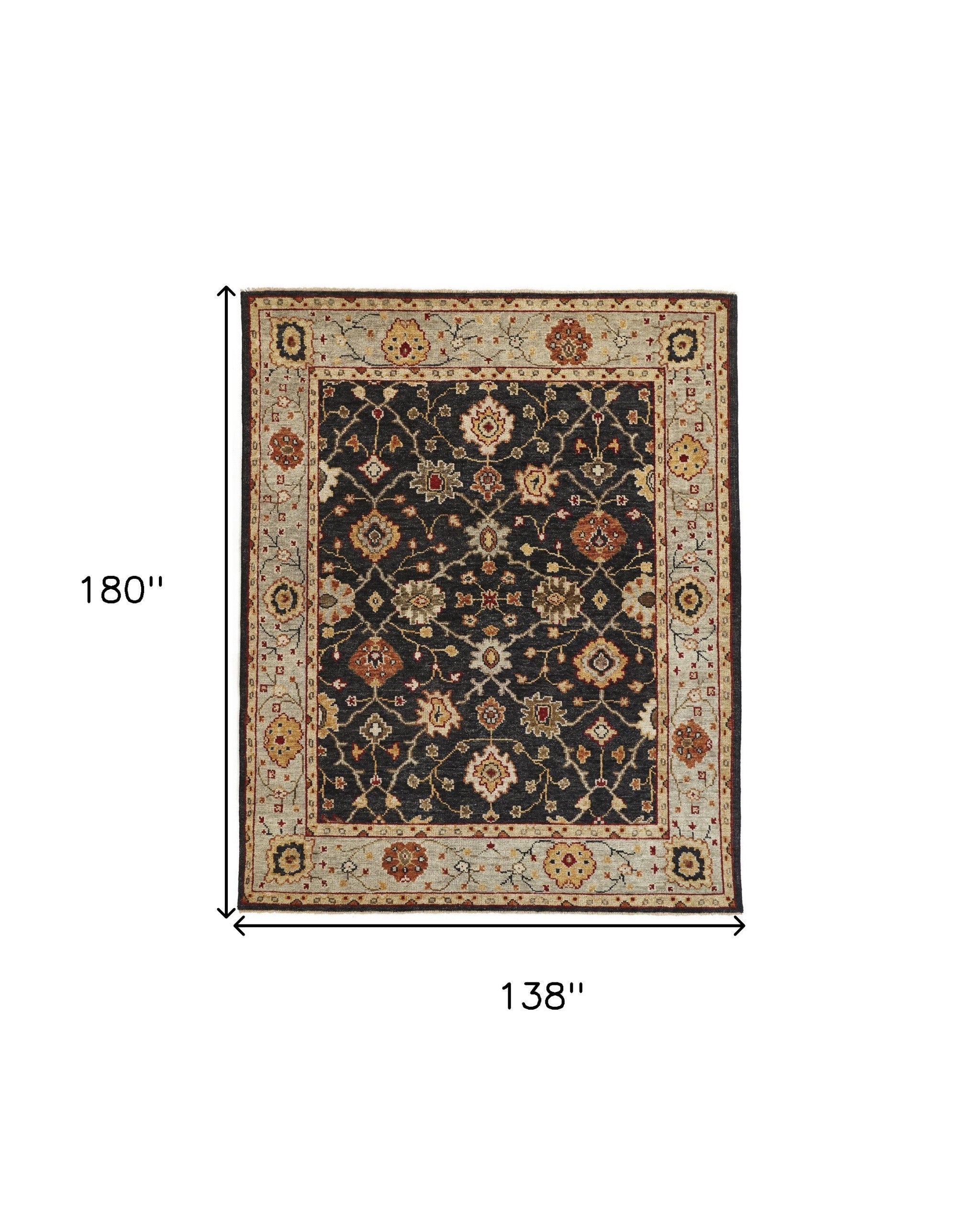 4' X 6' Black Gold And Gray Wool Floral Hand Knotted Stain Resistant Area Rug With Fringe
