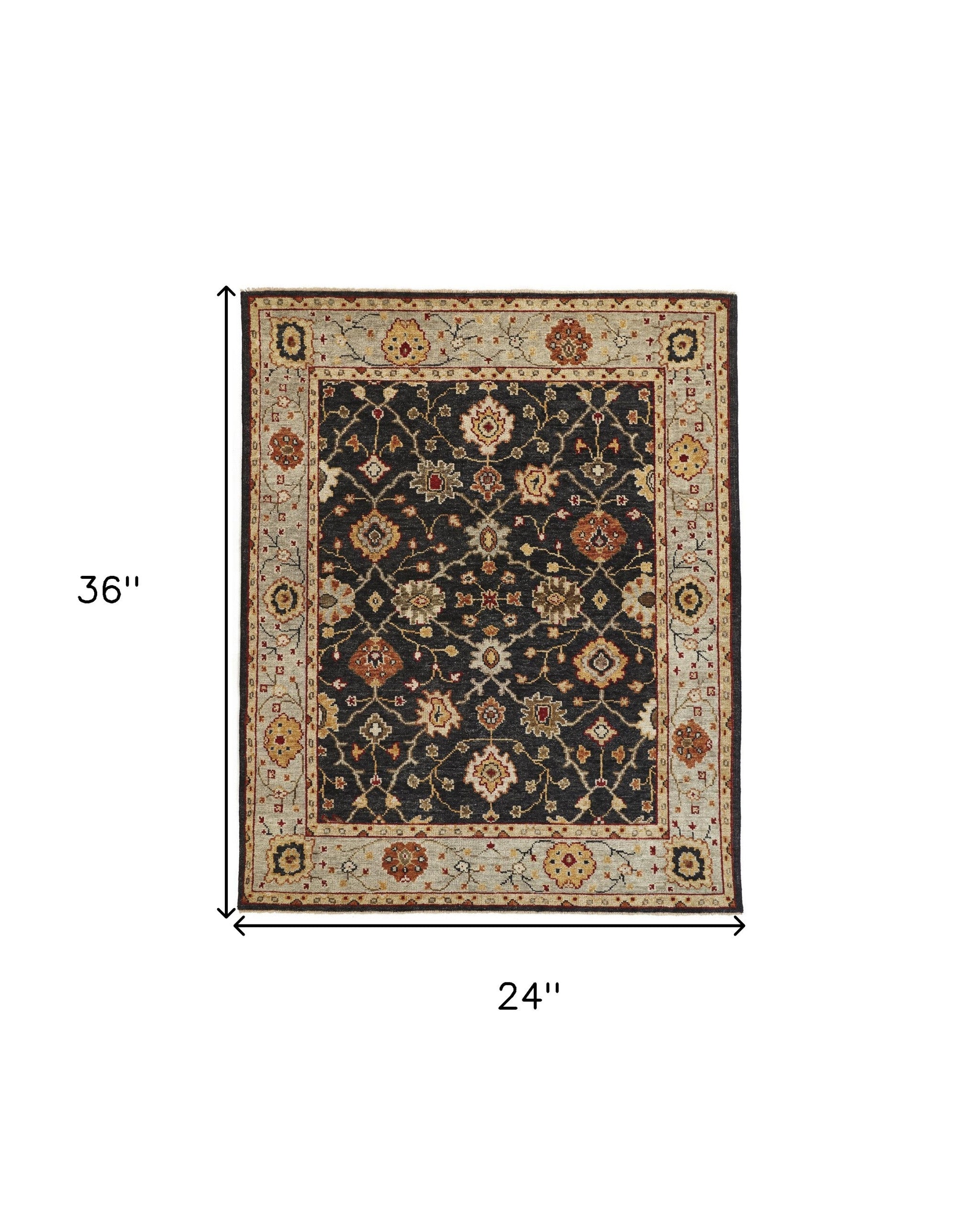 4' X 6' Black Gold And Gray Wool Floral Hand Knotted Stain Resistant Area Rug With Fringe