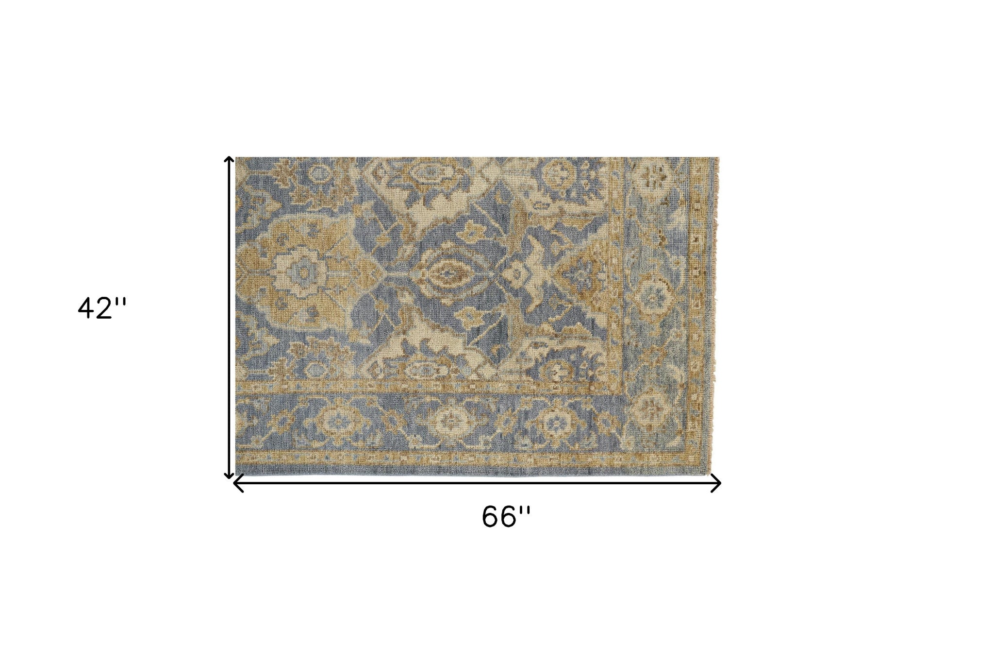 4' X 6' Blue Gold And Tan Wool Floral Hand Knotted Stain Resistant Area Rug With Fringe