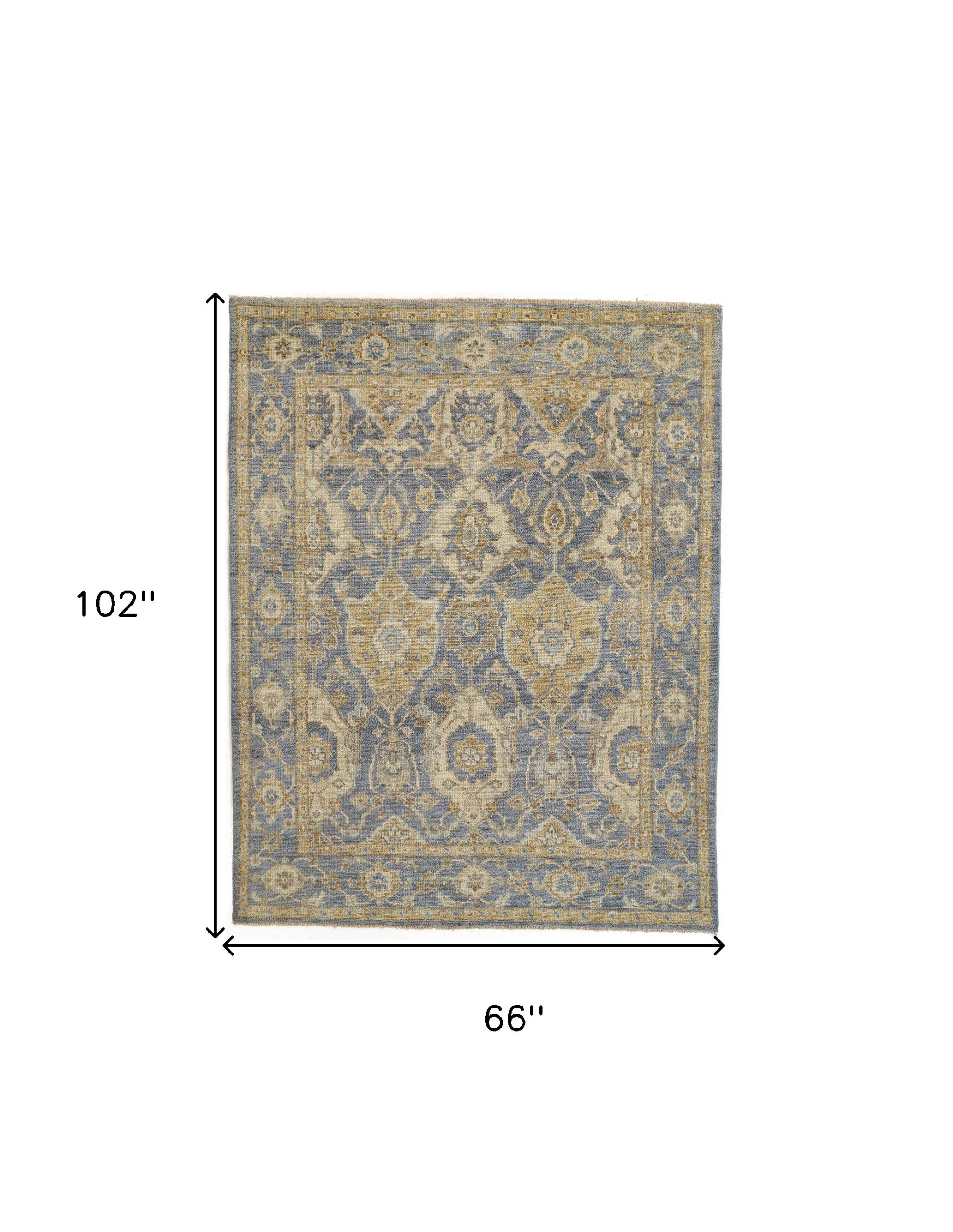 4' X 6' Blue Gold And Tan Wool Floral Hand Knotted Stain Resistant Area Rug With Fringe