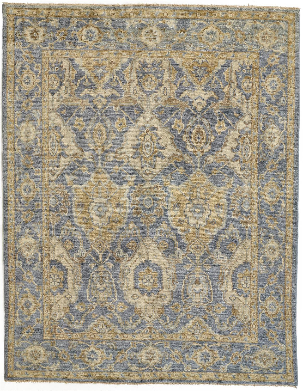 4' X 6' Blue Gold And Tan Wool Floral Hand Knotted Stain Resistant Area Rug With Fringe