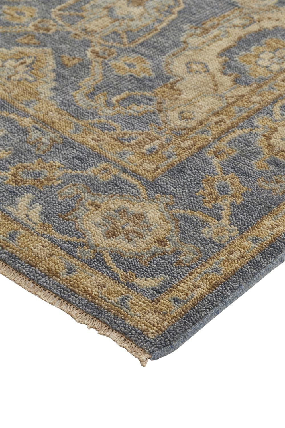 4' X 6' Blue Gold And Tan Wool Floral Hand Knotted Stain Resistant Area Rug With Fringe