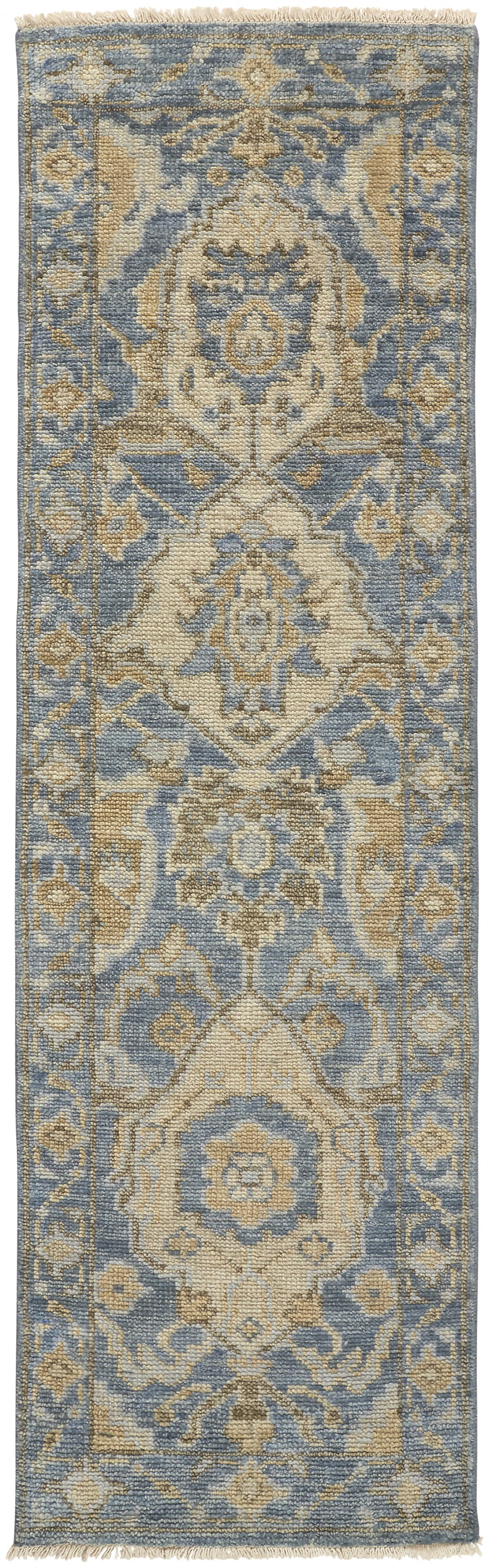 4' X 6' Blue Gold And Tan Wool Floral Hand Knotted Stain Resistant Area Rug With Fringe