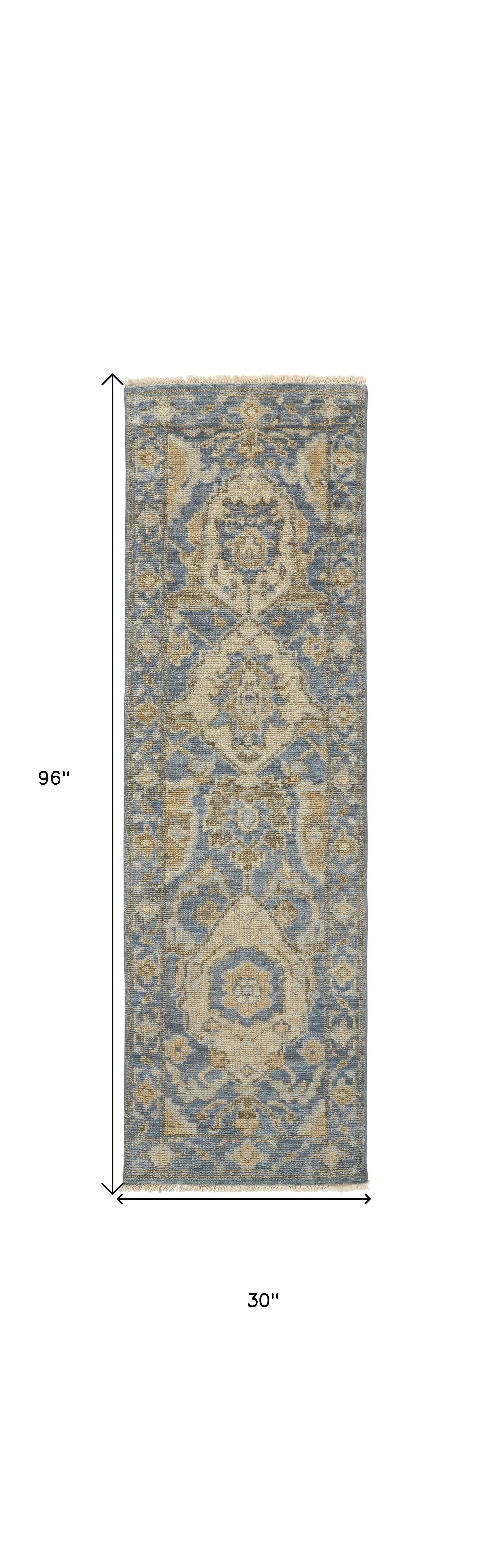 4' X 6' Blue Gold And Tan Wool Floral Hand Knotted Stain Resistant Area Rug With Fringe