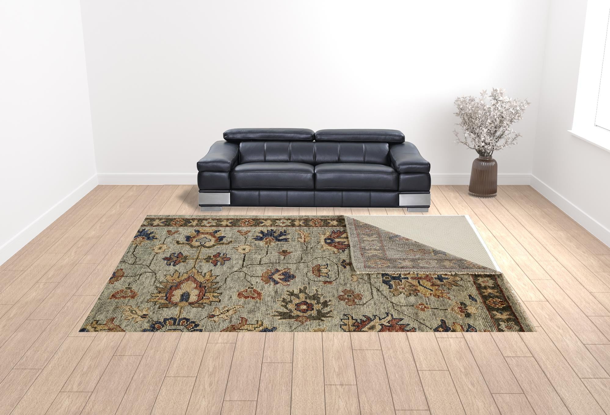 4' X 6' Gray Gold And Red Wool Floral Hand Knotted Stain Resistant Area Rug With Fringe