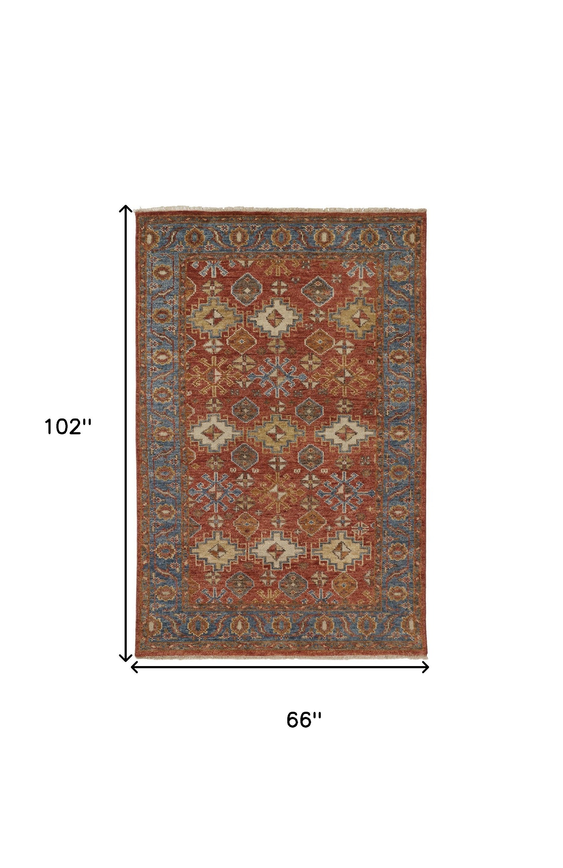 4' X 6' Red Blue And Orange Wool Floral Hand Knotted Stain Resistant Area Rug With Fringe