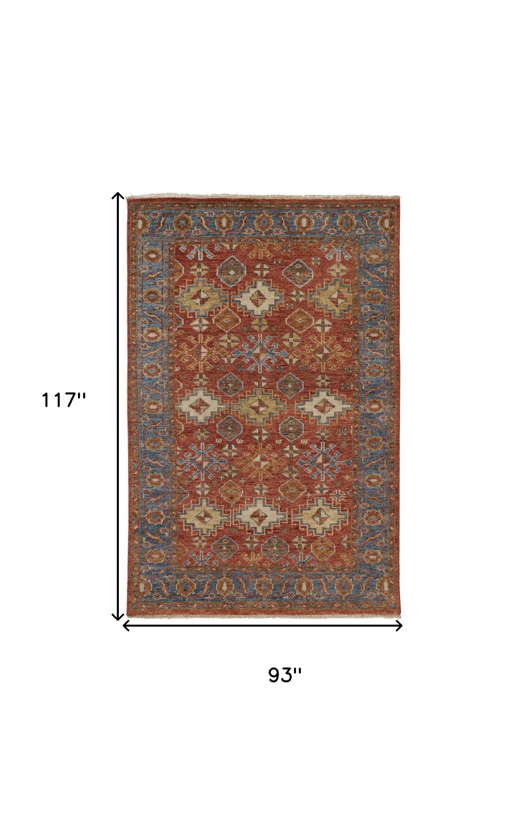 4' X 6' Red Blue And Orange Wool Floral Hand Knotted Stain Resistant Area Rug With Fringe