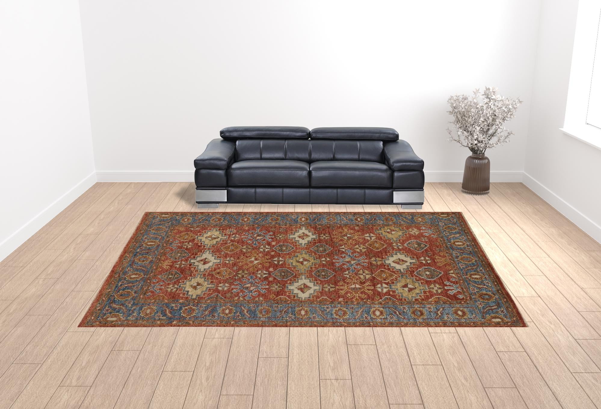 4' X 6' Red Blue And Orange Wool Floral Hand Knotted Stain Resistant Area Rug With Fringe