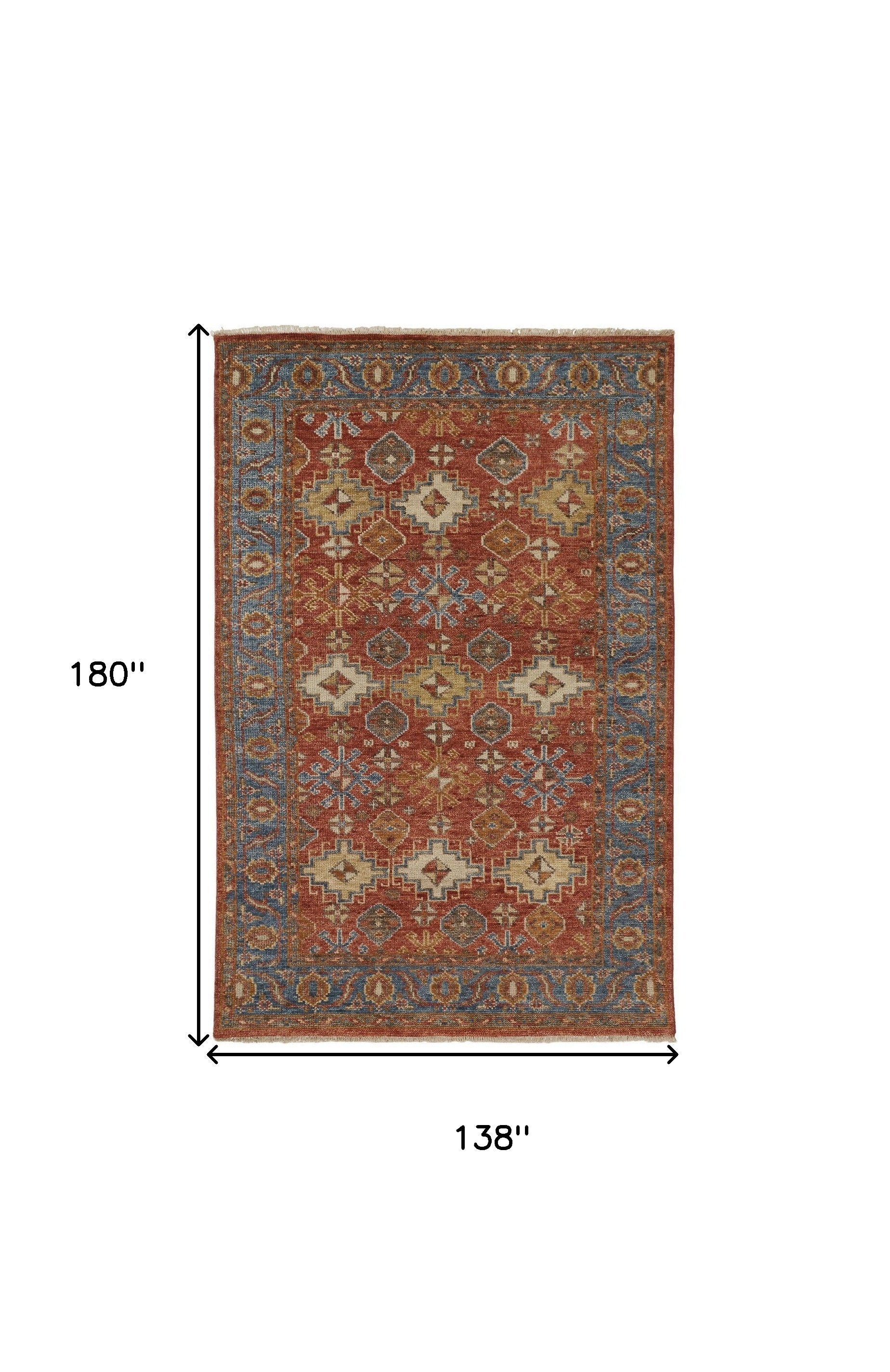 4' X 6' Red Blue And Orange Wool Floral Hand Knotted Stain Resistant Area Rug With Fringe