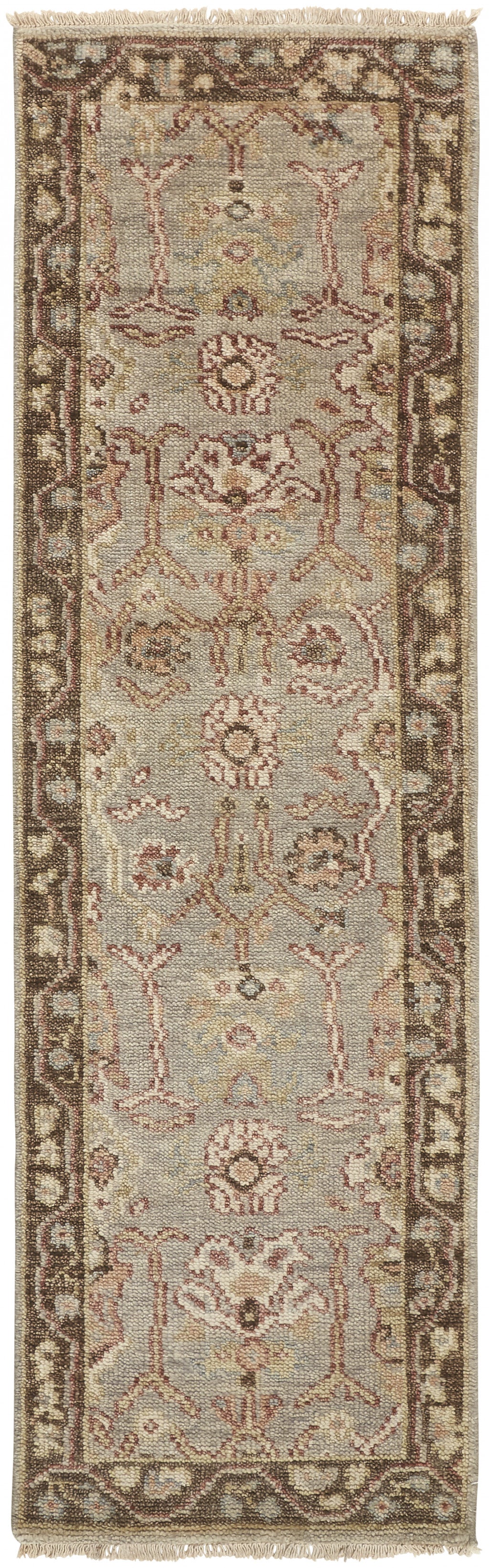 4' X 6' Gray Brown And Gold Wool Floral Hand Knotted Stain Resistant Area Rug With Fringe