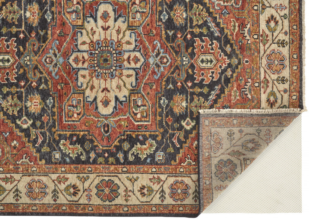 4' X 6' Red Black And Ivory Wool Floral Hand Knotted Stain Resistant Area Rug