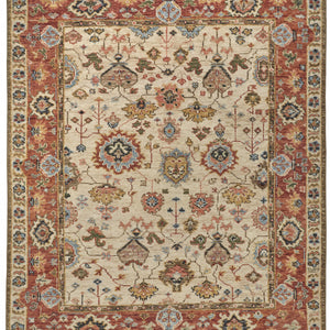 5' X 8' Ivory Red And Blue Wool Floral Hand Knotted Stain Resistant Area Rug