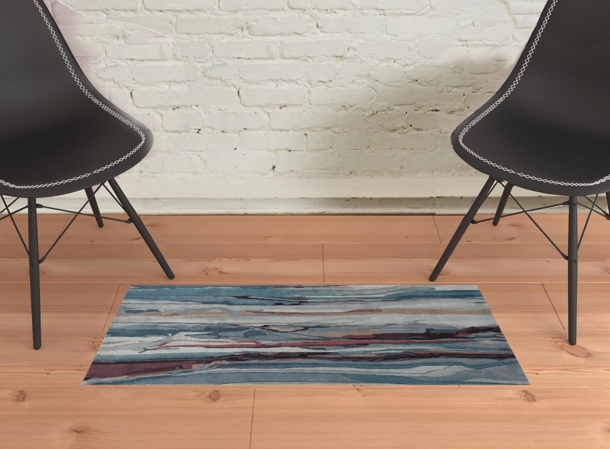 Red Pink And Blue Wool Abstract Tufted Handmade Stain Resistant Area Rug - 4' x 6'