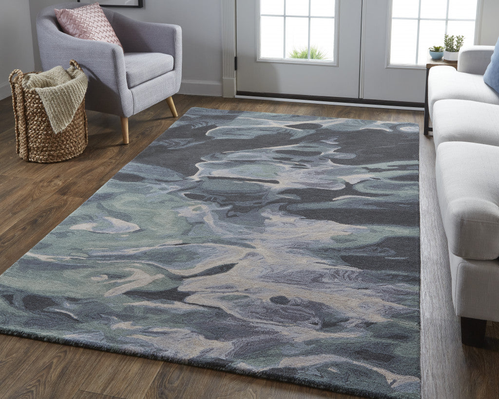 4' X 6' Green Blue And Black Wool Abstract Tufted Handmade Stain Resistant Area Rug