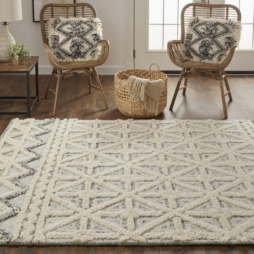 4' X 6' Ivory And Black Wool Geometric Tufted Handmade Stain Resistant Area Rug