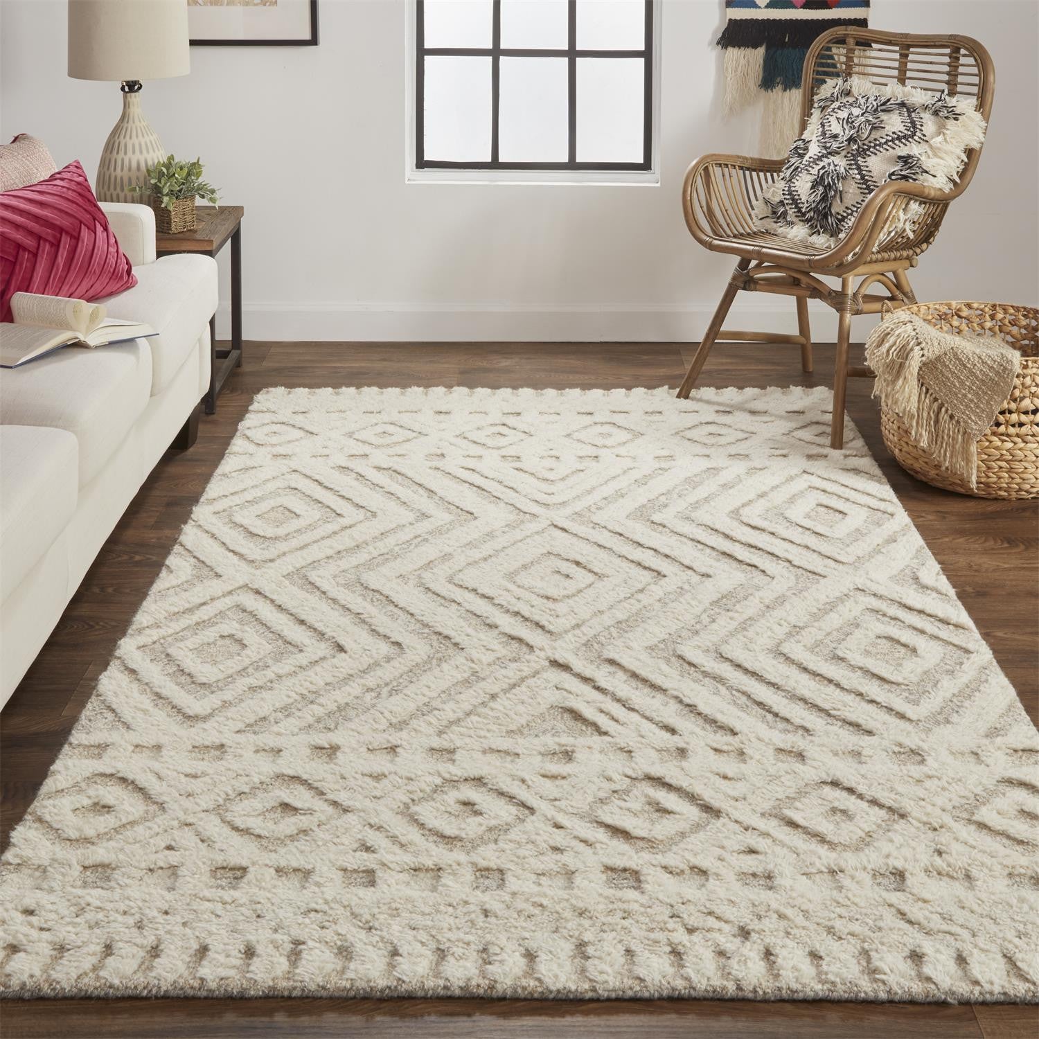 Ivory And Tan Wool Geometric Tufted Handmade Stain Resistant Area Rug - 4' x 6'