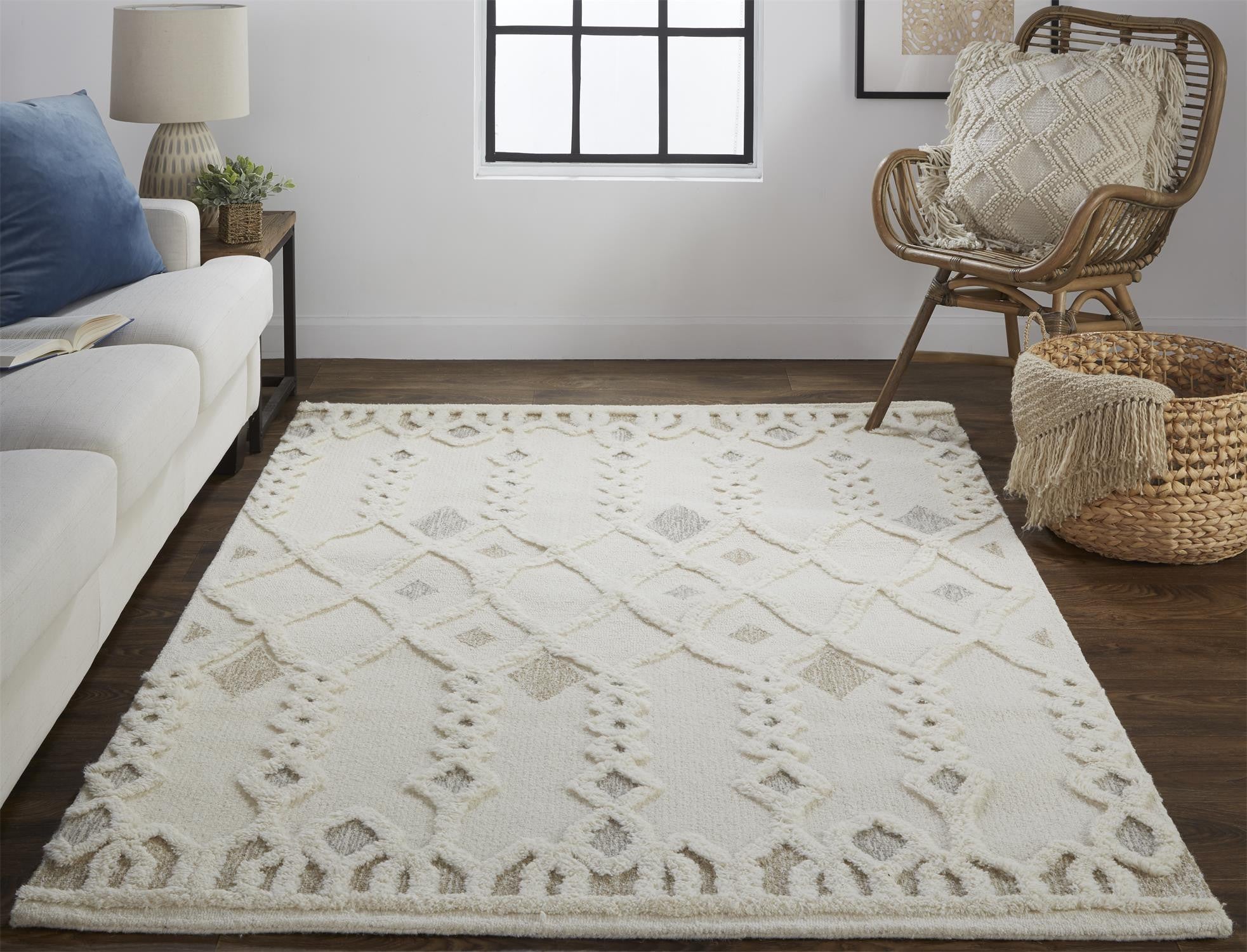 Ivory Tan And Silver Wool Geometric Tufted Handmade Stain Resistant Area Rug - 4' x 6'