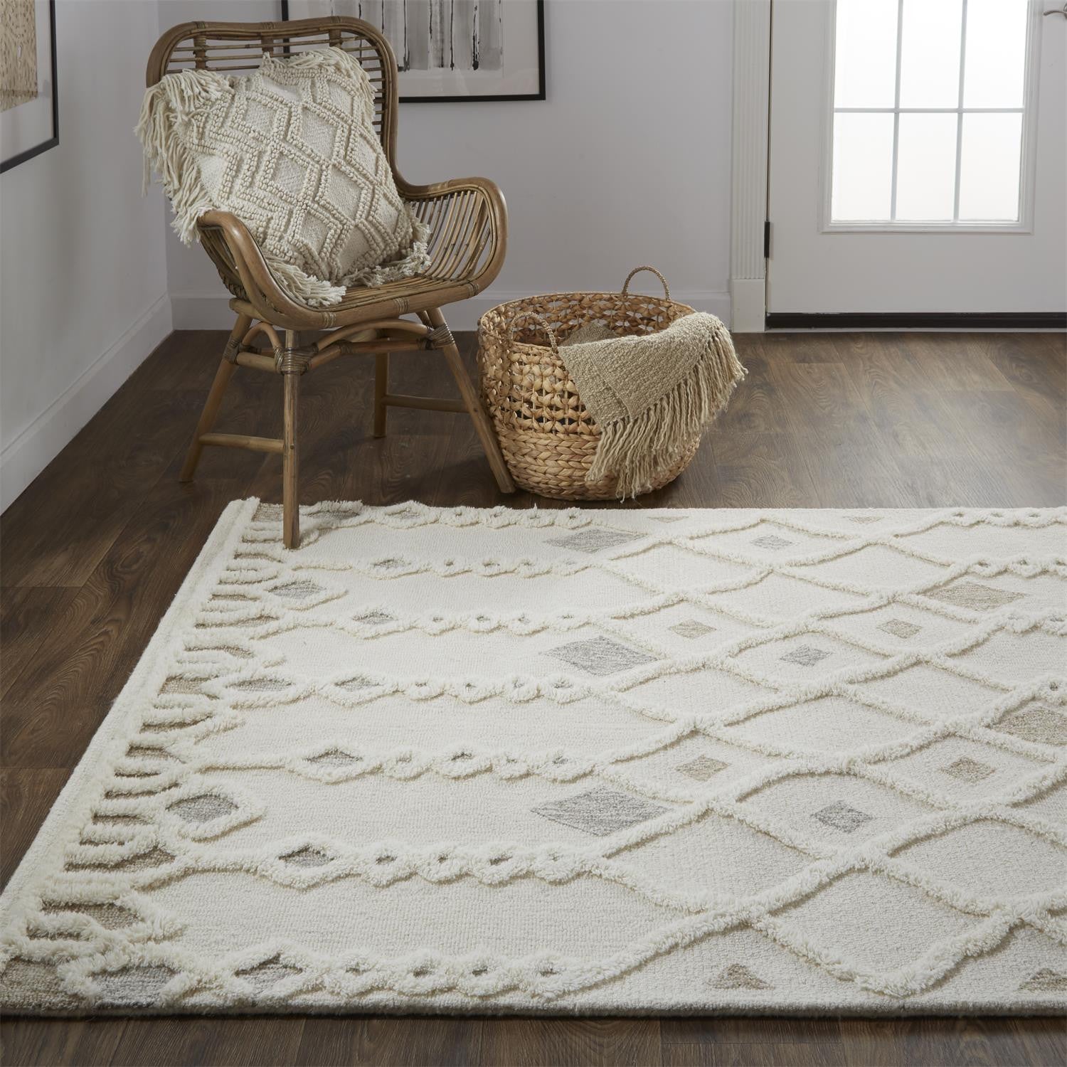 Ivory Tan And Silver Wool Geometric Tufted Handmade Stain Resistant Area Rug - 4' x 6'
