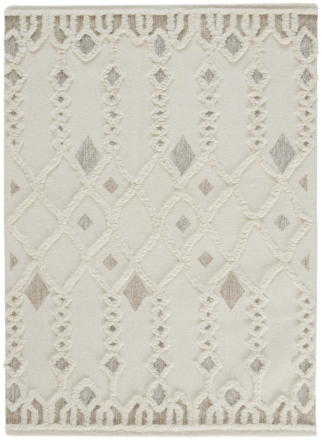 Ivory Tan And Silver Wool Geometric Tufted Handmade Stain Resistant Area Rug - 4' x 6'