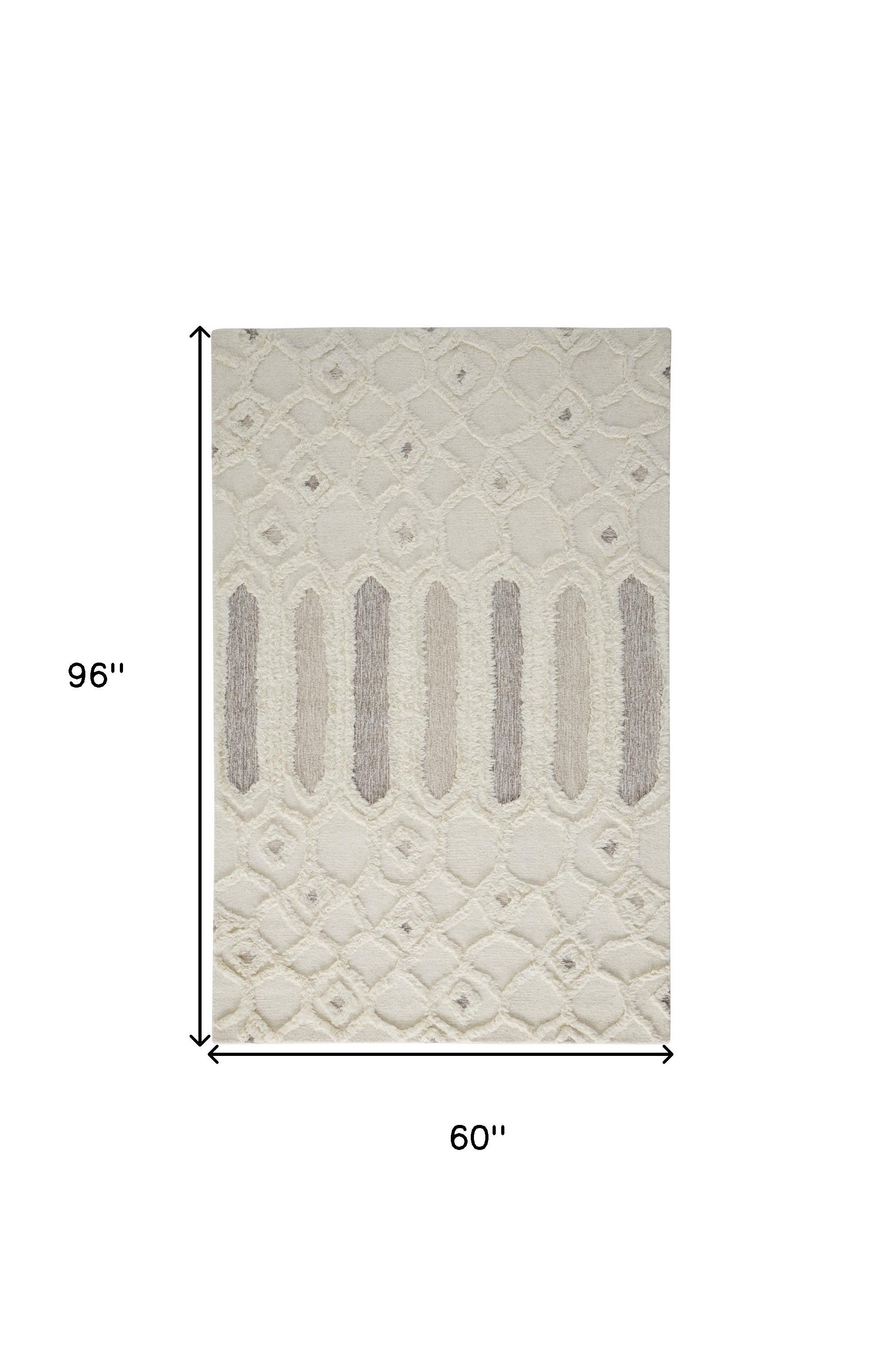 Ivory Taupe And Tan Wool Geometric Tufted Handmade Stain Resistant Area Rug - 4' x 6'