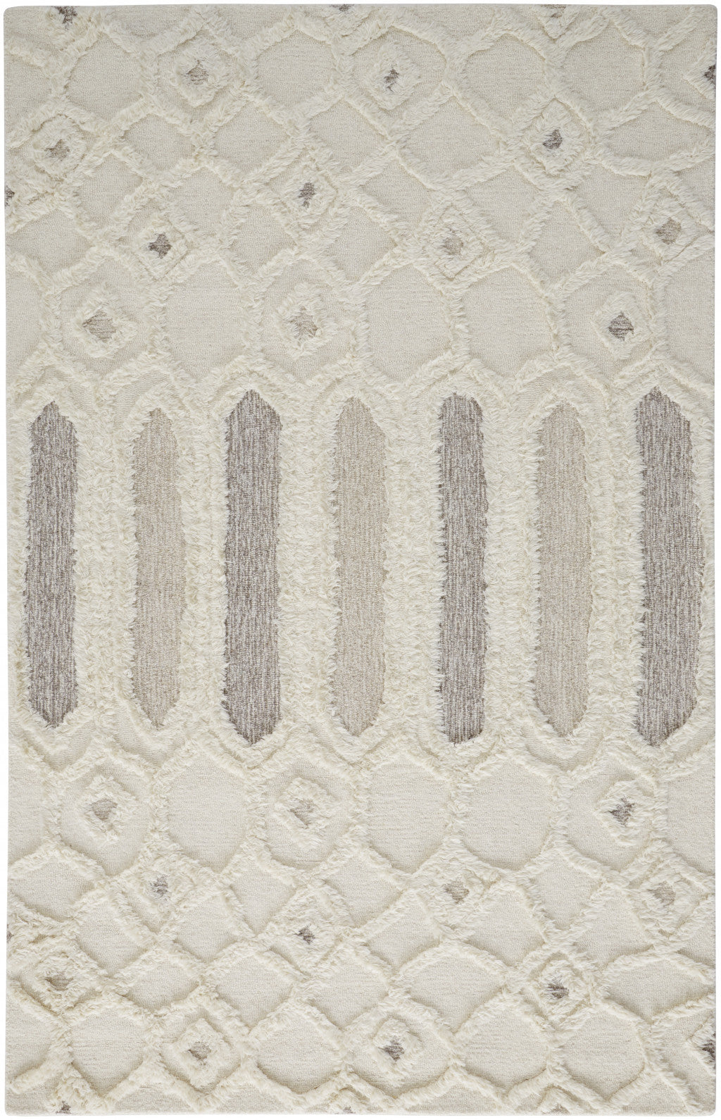 Ivory Taupe And Tan Wool Geometric Tufted Handmade Stain Resistant Area Rug - 4' x 6'