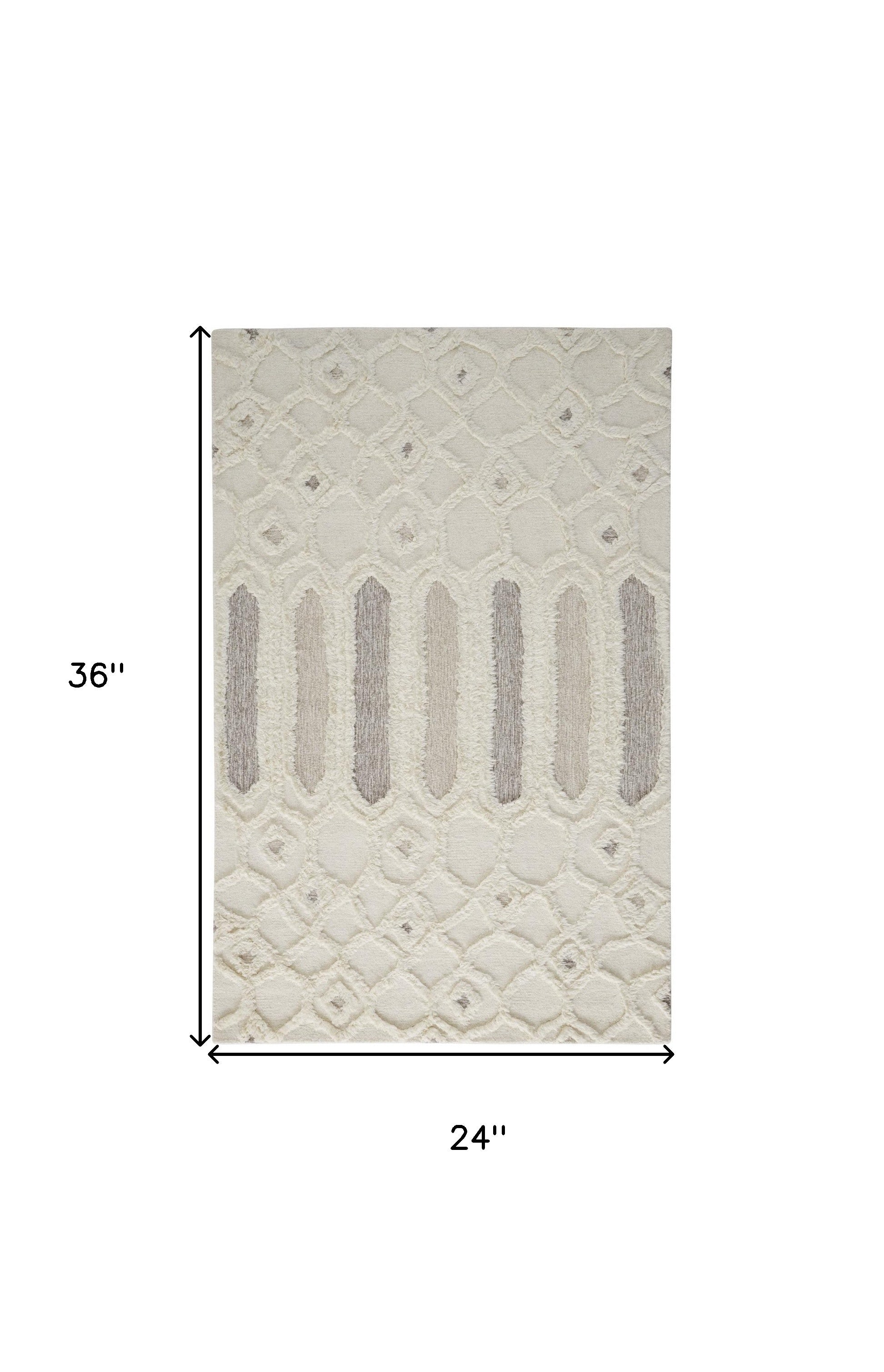 Ivory Taupe And Tan Wool Geometric Tufted Handmade Stain Resistant Area Rug - 4' x 6'