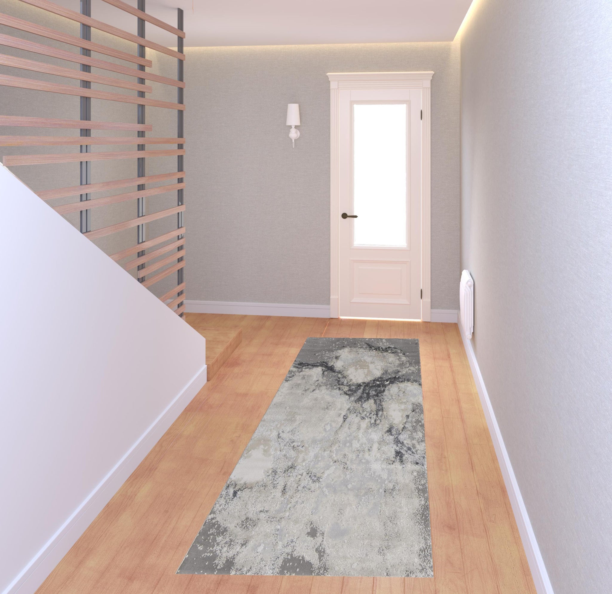 8' Gray And Ivory Abstract Power Loom Runner Rug