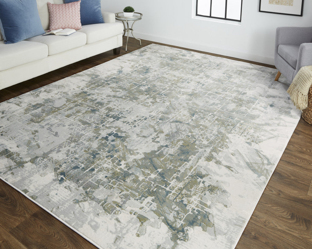 3' X 5' Green Gray And Ivory Abstract Distressed Stain Resistant Area Rug