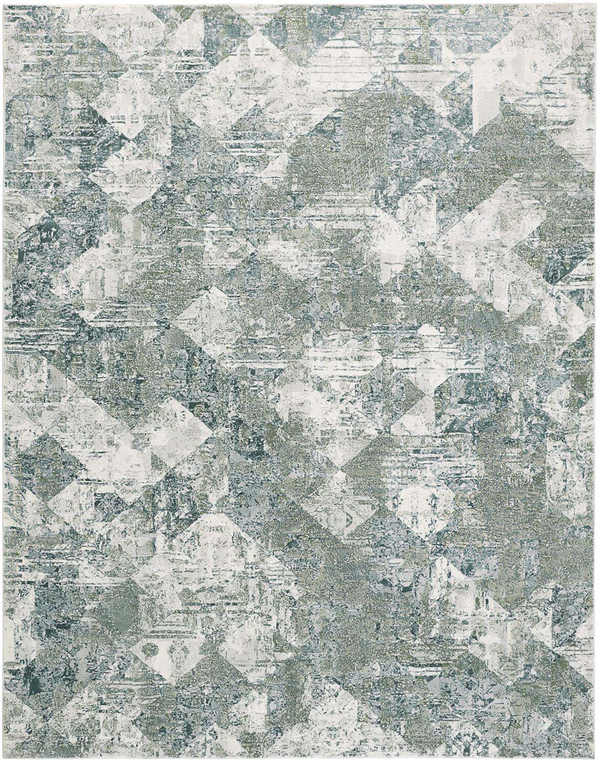 3' X 5' Green And Ivory Patchwork Distressed Stain Resistant Area Rug