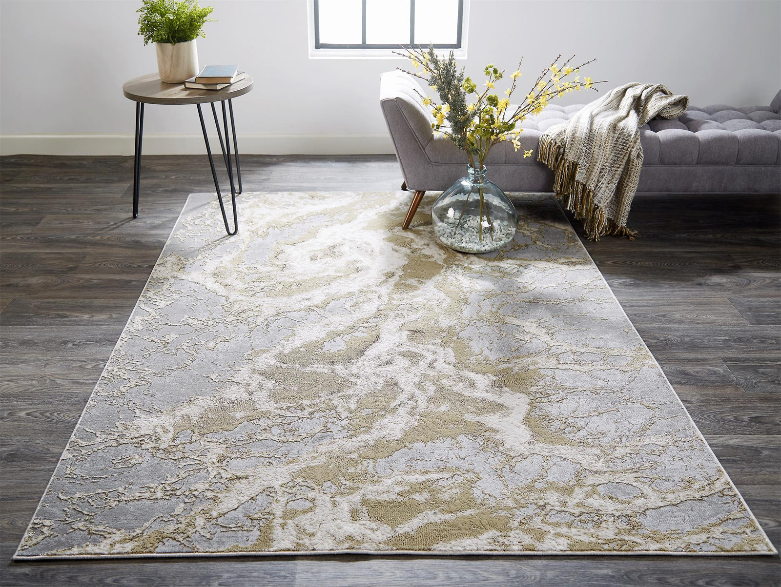4' X 6' Ivory Silver And Gold Abstract Area Rug
