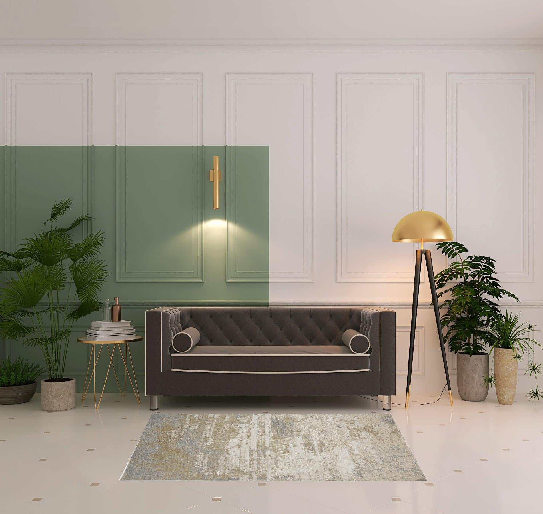 Ivory Gold And Gray Abstract Area Rug - 4' x 6'