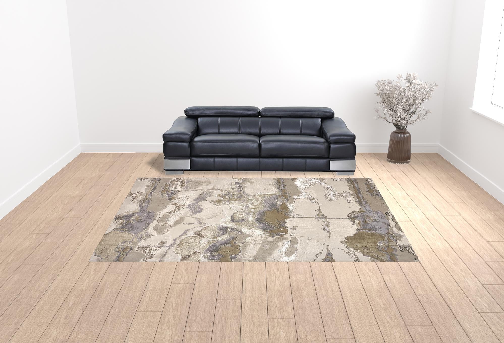 4' X 6' Gray Ivory And Gold Abstract Area Rug