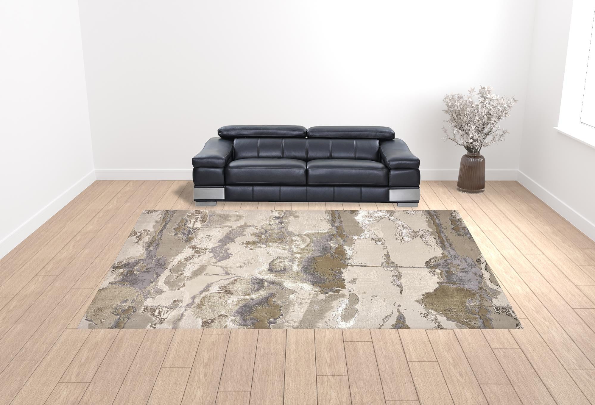 4' X 6' Gray Ivory And Gold Abstract Area Rug
