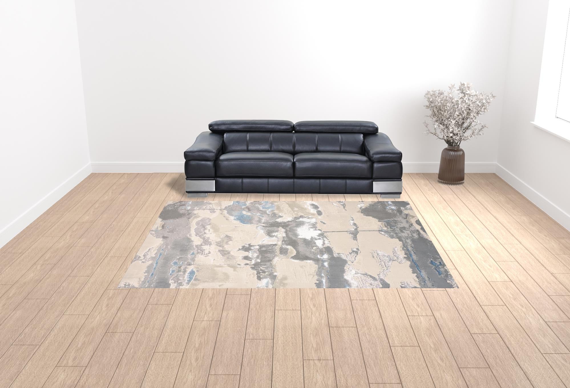 4' X 6' Ivory Gray And Blue Abstract Area Rug
