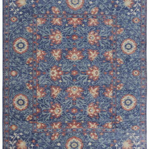 4' X 6' Blue And Red Wool Floral Hand Knotted Stain Resistant Area Rug