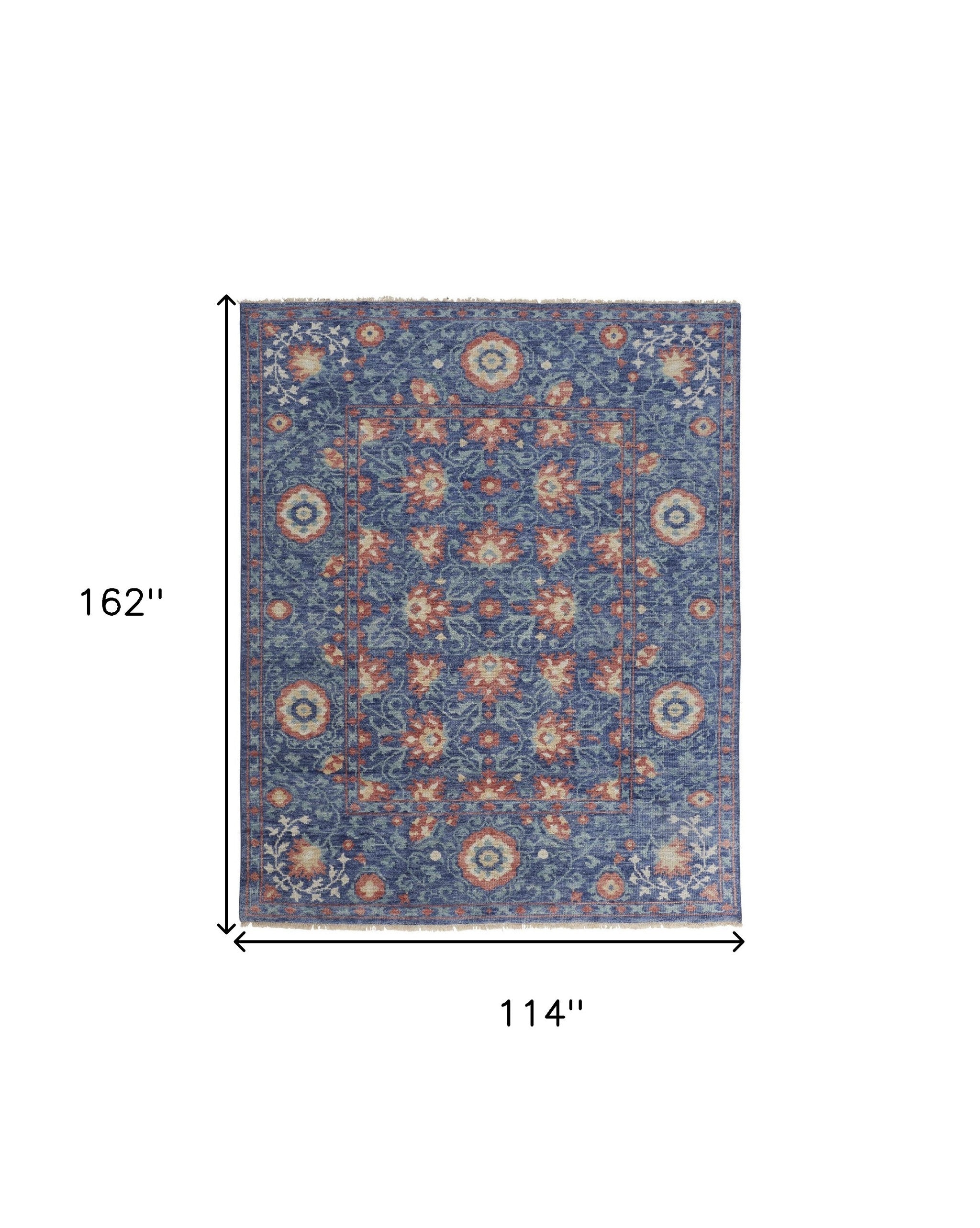 4' X 6' Blue And Red Wool Floral Hand Knotted Stain Resistant Area Rug