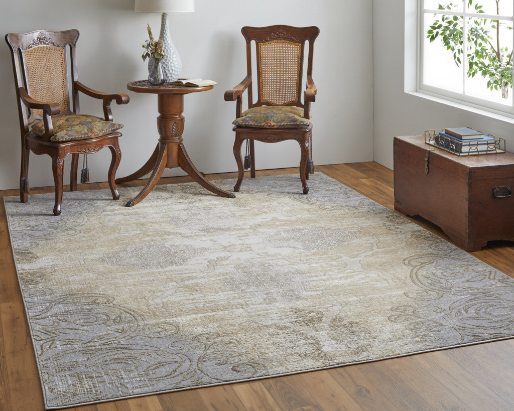 Silver Tan And Gray Floral Power Loom Area Rug - 4' x 6'