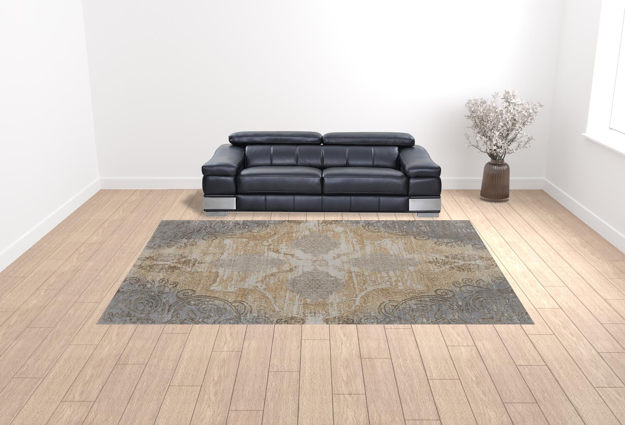 Silver Tan And Gray Floral Power Loom Area Rug - 4' x 6'