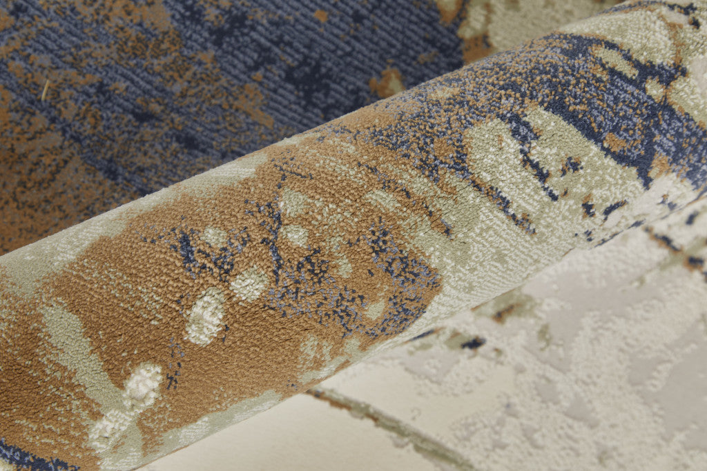 10' X 13' Blue Orange And Ivory Abstract Power Loom Area Rug