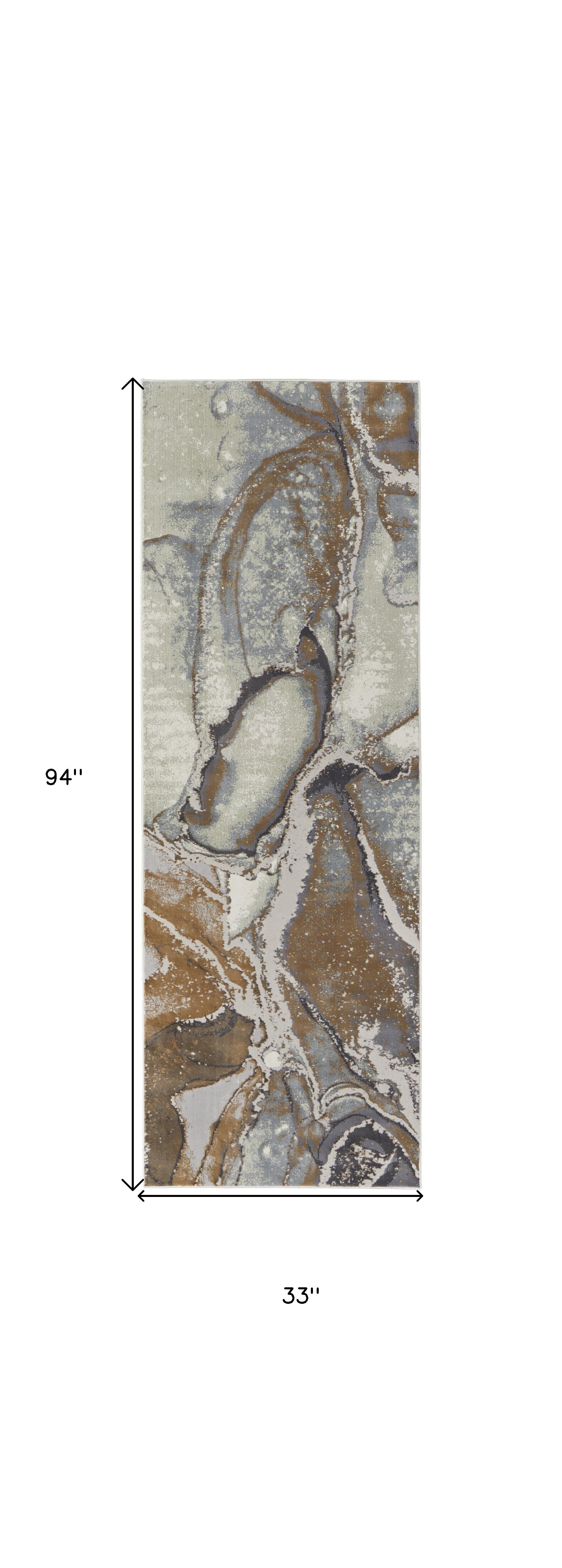 8' Gray And Brown Abstract Power Loom Runner Rug