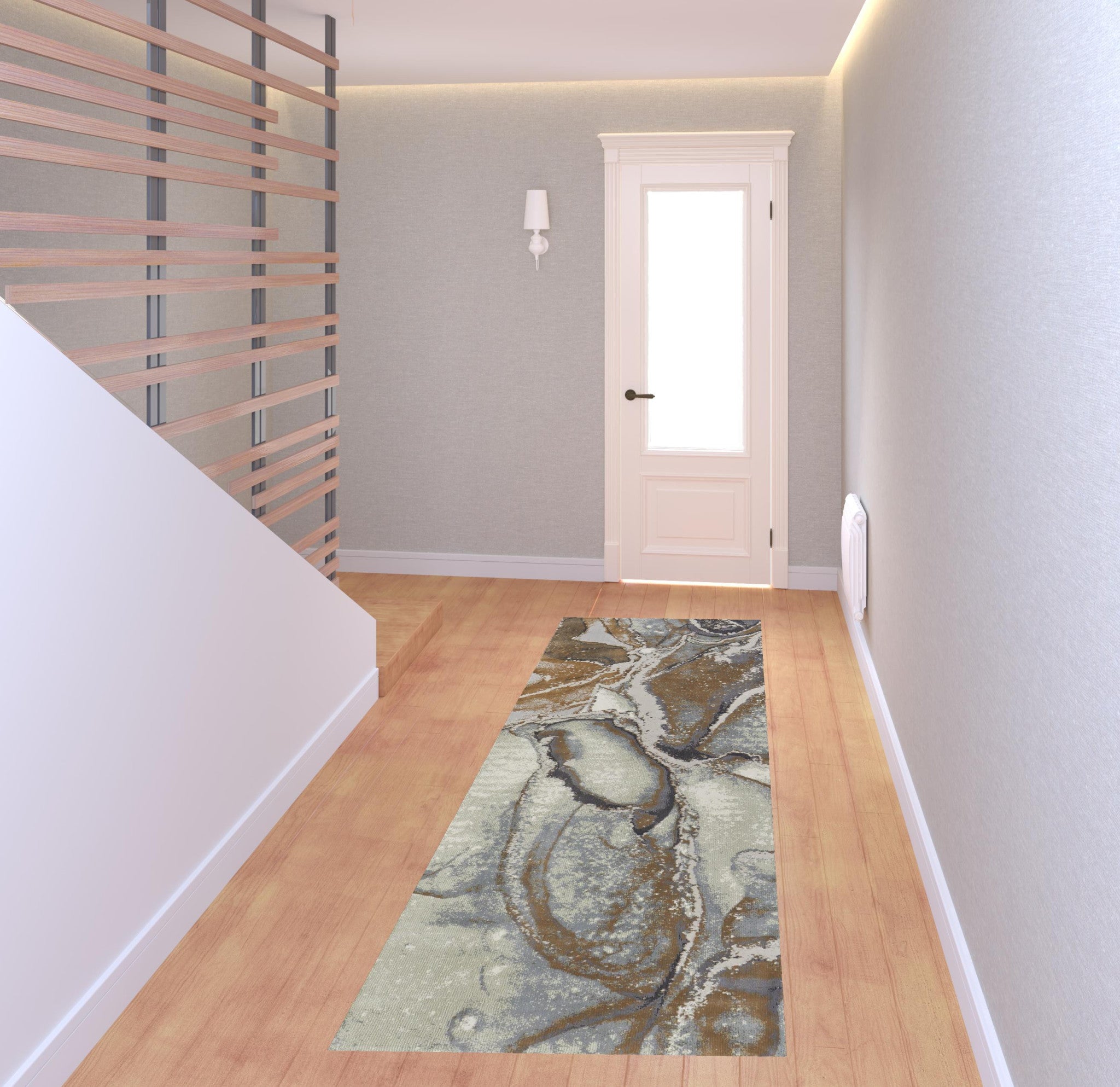 8' Gray And Brown Abstract Power Loom Runner Rug