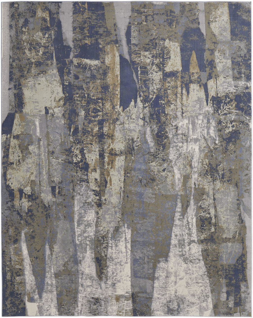 Blue Gray And Tan Abstract Power Loom Distressed Area Rug - 4' x 6'