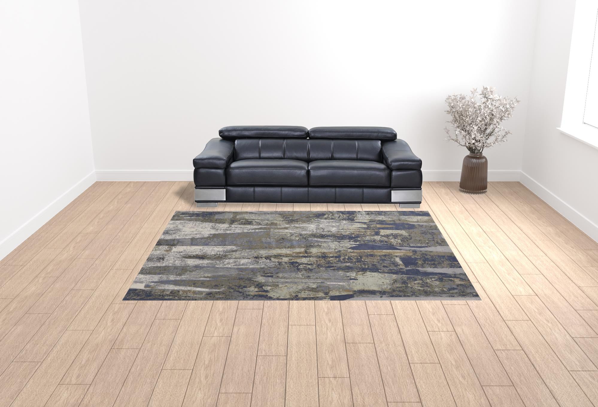 Blue Gray And Tan Abstract Power Loom Distressed Area Rug - 4' x 6'