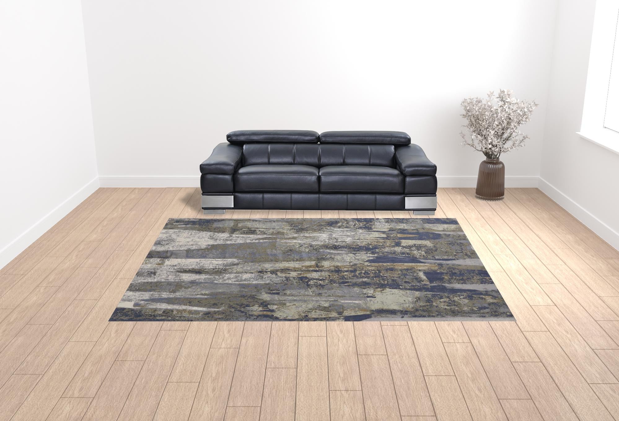 Blue Gray And Tan Abstract Power Loom Distressed Area Rug - 4' x 6'
