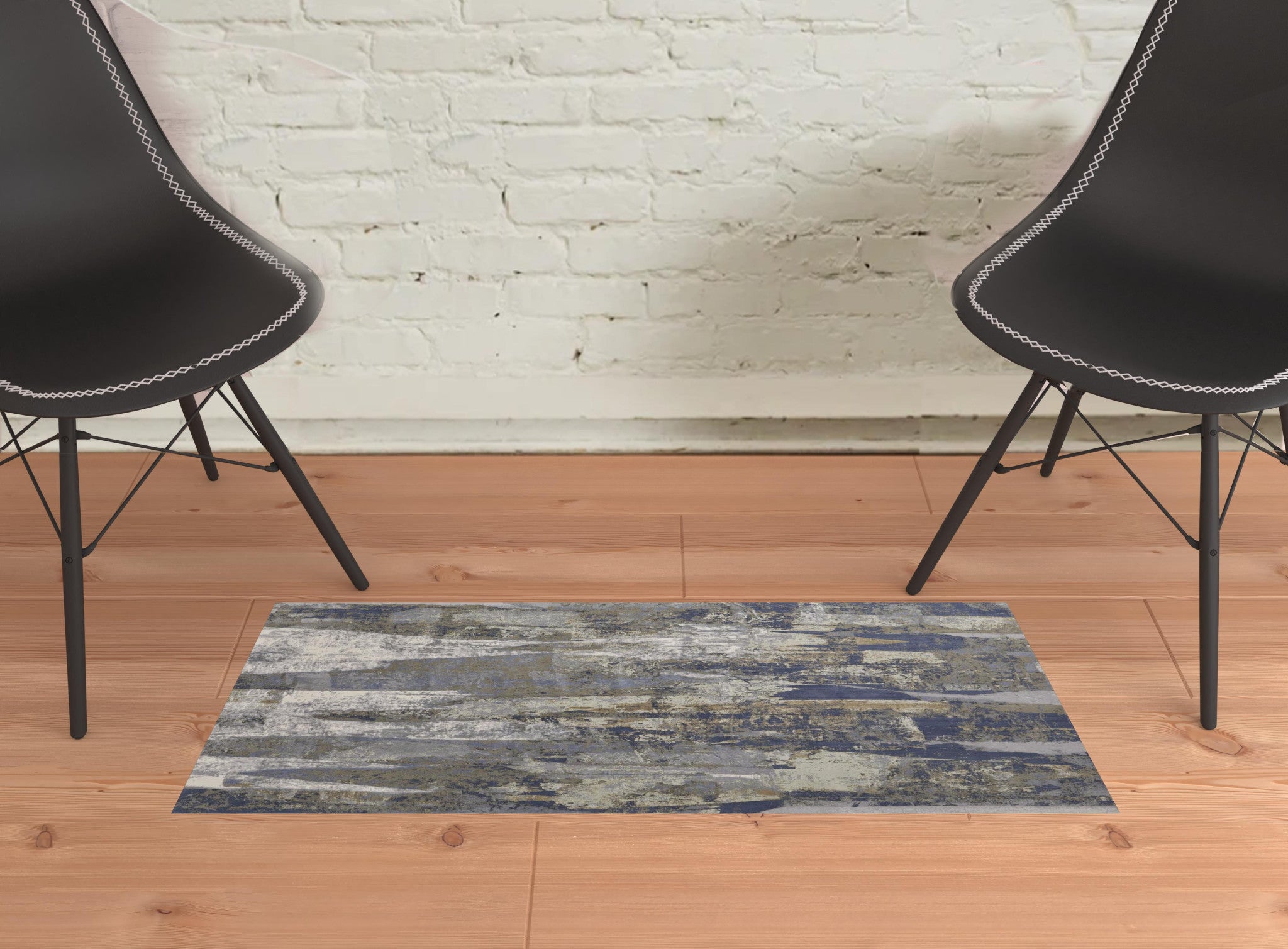 Blue Gray And Tan Abstract Power Loom Distressed Area Rug - 4' x 6'